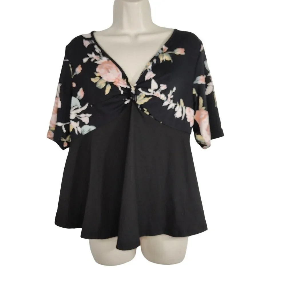 Shein Curve Black Pink Floral Peplum Top Vneck Women Plus Size 0XL Short Sleeve